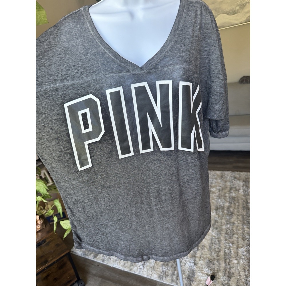Victoria Secret PINK V-Neck Oversized T-Shirt Gray Short Sleeve Tee Medium